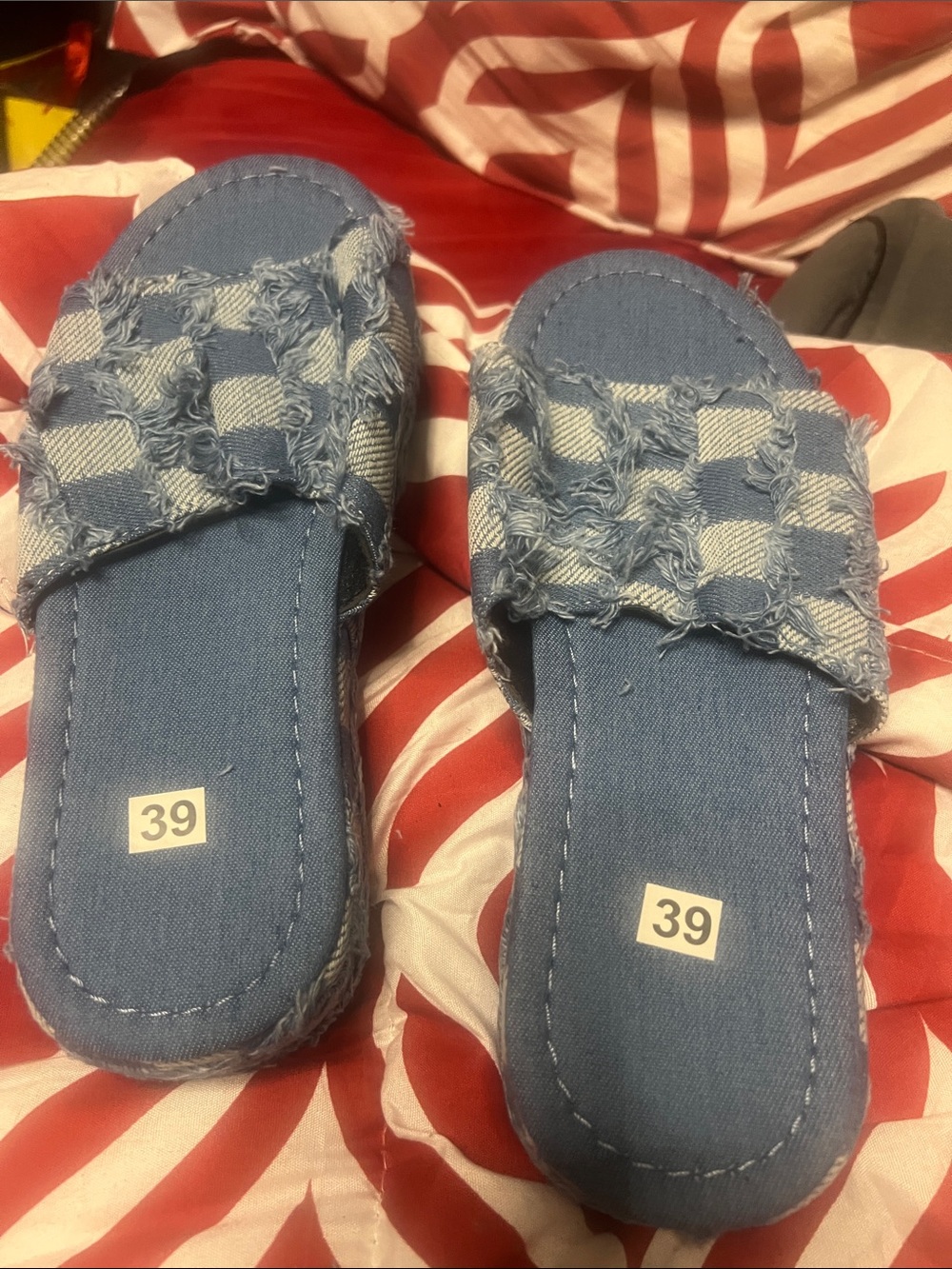 Frayed Checkered Denim Slide Sandals in Light Blue